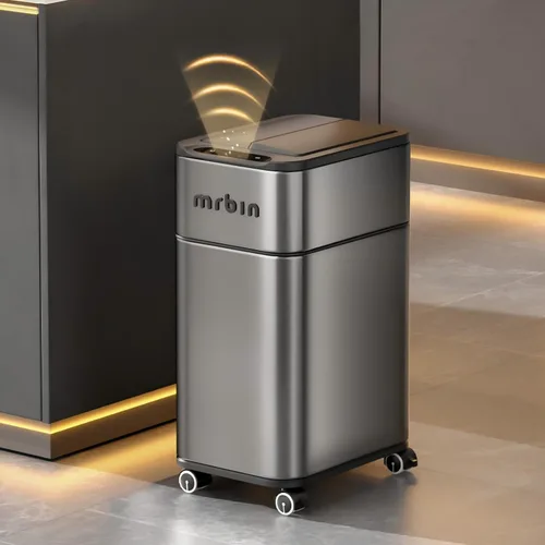 Vista 3 de MRBIN Cubo de basura automático de 4 galones con sensor de movimiento de absorción de acero inoxidable para baño, con tapa de mariposa y ruedas