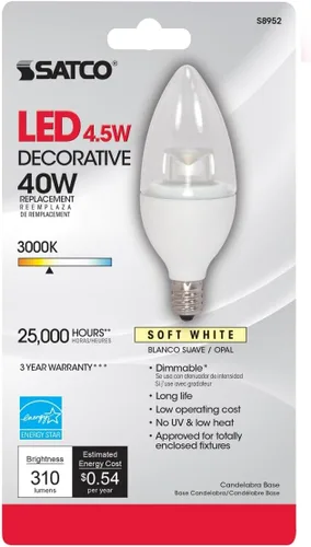 Vista 2 de SATCO Bombilla LED S8952 de 4,5 W, 120 voltios, base de candelabro E12, 3000 K, blanco suave, paquete de 6