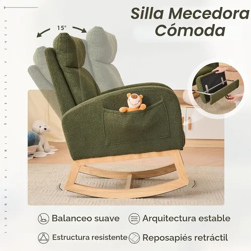 Vista 8 de FOXHUNTER Mecedora para guardería con reposapiés bolsillo lateral, color Verde