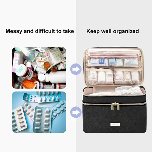 Vista 4 de Lexeeco Bolsa para almacenamiento de medicinas Organizador de frascos de píldoras con bolsa pequeña portátil para viajes Organizador de frascos