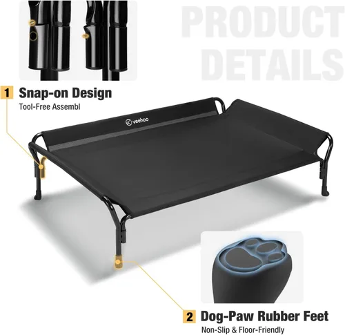 Vista 4 de Veehoo Cama elevada refrescante para perro, cuna elevada para mascotas con barandilla y reposacabezas inclinado, malla Teslin duradera y Negro