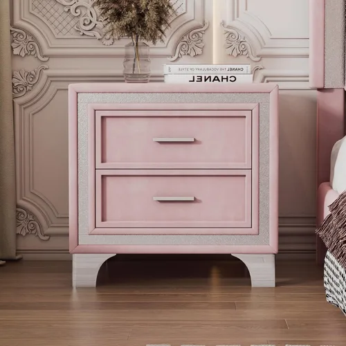Vista 2 de Mesita de noche de terciopelo con 2 cajones, mesa auxiliar con almacenamiento, cómoda pequeña, muebles de mesita de noche, mesita de noche con patas