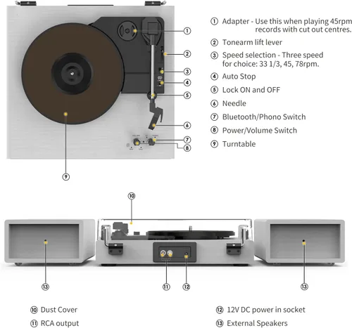 Vista 5 de Tocadiscos de vinilo con 2 altavoces estéreo externos, giradiscos con transmisión por correa y soporte Bluetooth, 3 velocidades, salida RCA