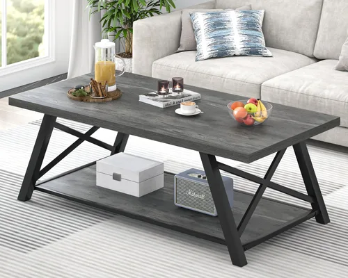 Vista 5 de EXCEFUR Mesa auxiliar, mesa central de madera industrial y metal para sala de estar, mesa de té rectangular de cóctel con estante de almacenamiento