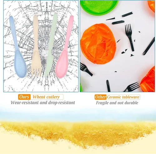 Vista 4 de Juego de tenedores, cucharas y cuchillos, juego de cubiertos de paja de trigo, juego de cubiertos reutilizables para 4, utensilios para fiesta
