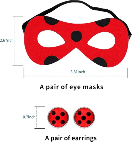 Vista 2 de Máscara de lagybug + aretes de clip de mariquita para mujeres y niñas, juego de máscara roja y aretes de mariquita para niñas y mujeres, cosplay