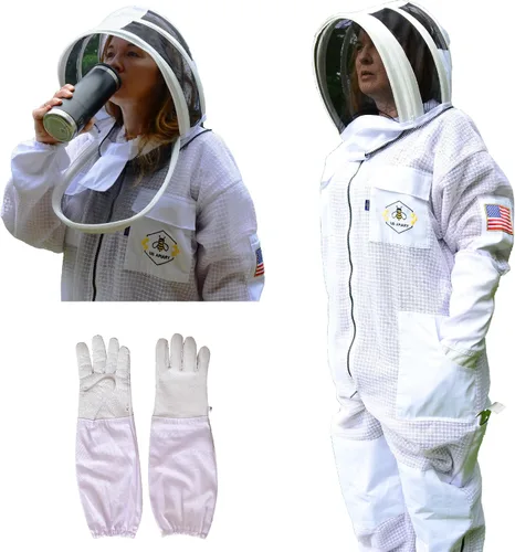 Vista 8 de Traje de abeja de 3 capas con velo de esgrima un par de guantes a prueba de picaduras traje de apicultura ventilado