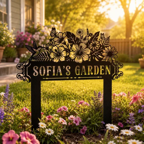 Vista 6 de Letrero de jardín personalizado con estaca, letrero de metal personalizado con nombre de jardín para exteriores, decoración de patio de flores