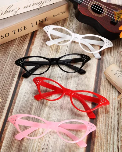 Vista 4 de JOVITEC 4 gafas de ojo de gato con diamantes de imitación de los años 50 y 60 para disfraz de fiesta de hip hop, Halloween, recuerdo de fiesta