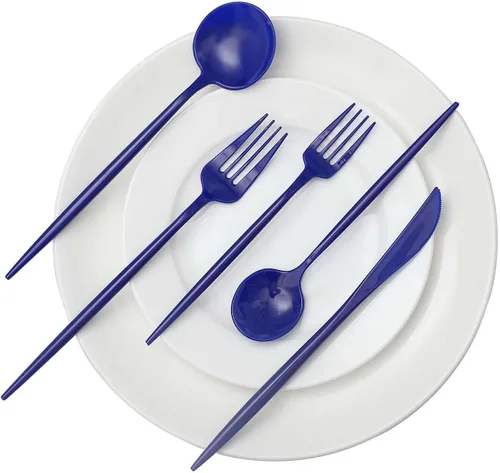 Vista 8 de Tableclothsfactory Juego de 50 cubiertos de plástico resistente, color azul real, cubiertos elegantes desechables de primera calidad