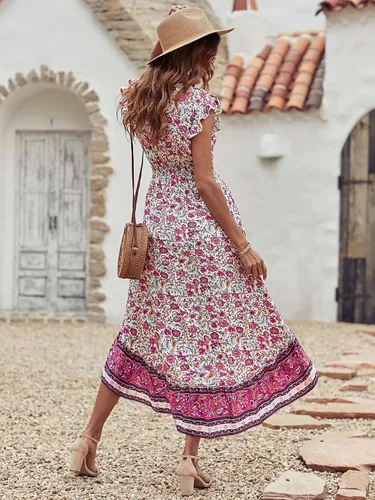 Vista 2 de PRETTYGARDEN Vestido largo de verano para mujer, casual, floral, cuello en V, mangas casquillo, bohemio, alto y bajo, vestido largo de sol
