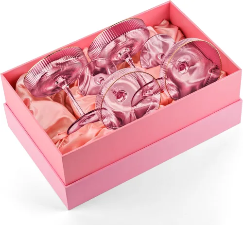 Vista 3 de GLASSIQUE CADEAU Vasos vintage Art Deco Blush Pink Coupé con bordes dorados Juego de 4 Cristalería de cóctel acanalada de cristal de 7 onzas