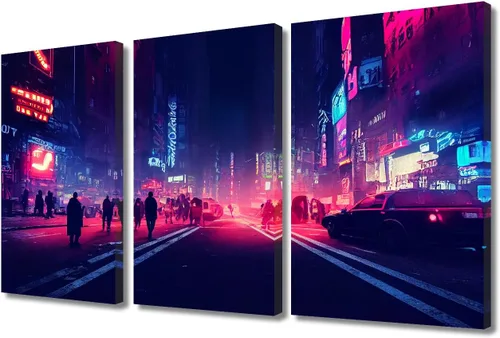 Vista 29 de Arte de pared de 3 piezas de escena de ciencia ficción de la calle comercial futurista paisaje urbano, decoración de pared para dormitorio