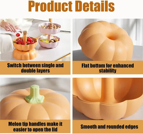 Vista 3 de Cuenco de dulces de calabaza de Halloween, cuenco creativo para dulces de calabaza para guardar dulces, nueces, frutas, cuenco grande de 2 capas