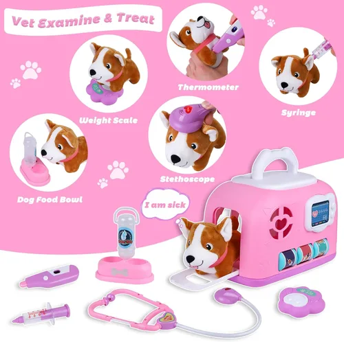 Vista 4 de Gifts2U Juego de jaula para el cuidado de mascotas, clínica veterinaria y kit de médico para niños con disfraz de disfraz, juguetes de aseo
