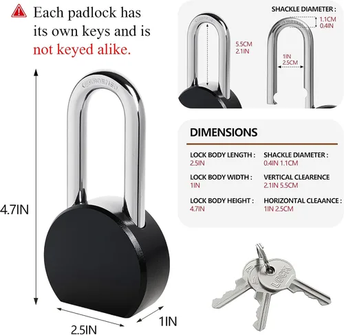 Vista 2 de Candado de grillete largo resistente, cerradura de acero impermeable con 3 llaves 2.1in Vertical Clearance Disc Cylinder Resists Picking And