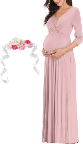 Vista 3 de Kim S Vestido largo de maternidad con banda de flores (S-3XL), vestido de fiesta baby shower con cuello en V fruncido