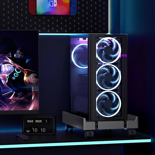 Vista 7 de Soporte de torre ajustable para computadora, soporte de PC ventilado para piso, soporte de CPU móvil con 4 ruedas giratorias que se adapta a