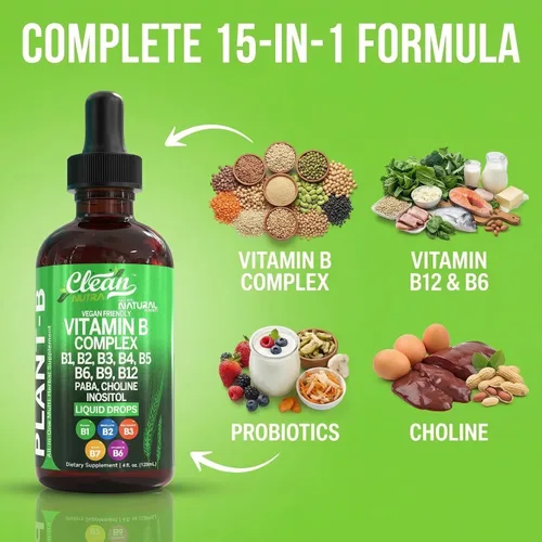 Vista 4 de Gotas Líquidas de Complejo de Vitamina B Tiamina B1, B6, B2, B3, B4, B5, B7 B9, B12, Niacinamida, Paba, Colina Inositol Taurina Probióticos Raíz