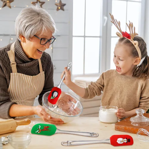 Vista 6 de Layhit 12 piezas de espátulas de silicona con patrón navideño para decoración de Navidad con mango de plástico, utensilios de cocina navideños