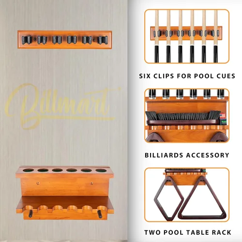 Vista 2 de Billmart Soporte de pared para palos de billar, soporte para tacos de billar para 6 palitos de almacenamiento de accesorios de mesa de billar