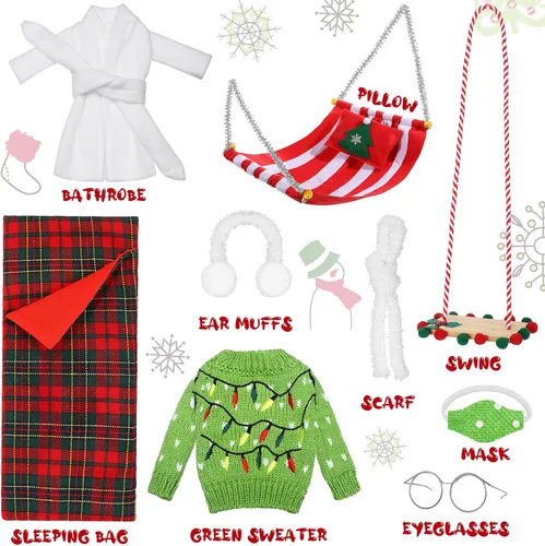 Vista 2 de Aoriher Juego de 9 accesorios de muñeca de Navidad que incluye saco de dormir, albornoz, máscara, orejeras, bufanda, gafas, hamaca, suéter (bombilla)