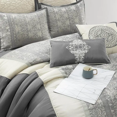 Vista 3 de Juego de edredón damasquino plateado/marfil de California con diseño de patchwork, 8 piezas, juego de ropa de cama premium de jacquard para todas