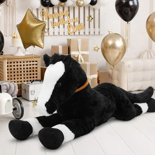 Vista 6 de Tezituor Animales de peluche gigantes de caballo negro de 47 pulgadas, poni de peluche grande realista de 4 pies para niños y niñas, almohada