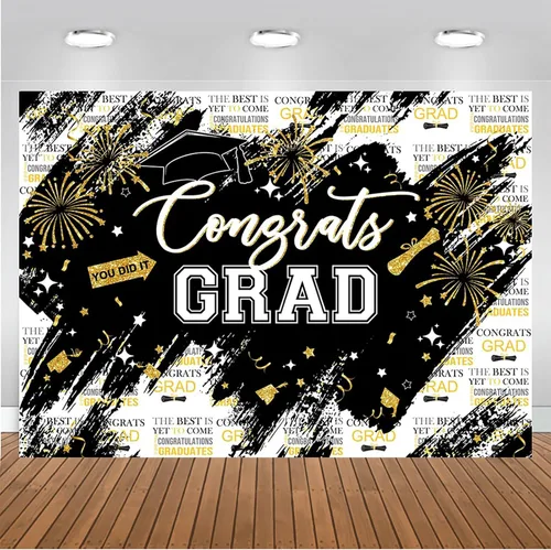 Vista 5 de Mocsicka Telón de fondo de graduación de 7 x 5 pies – Congrats Grad Black Gold 2026 decoraciones de fiesta de graduación, fondos de fotografía