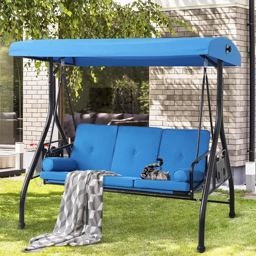 Vista 9 de Columpios de porche con toldo ajustable, cama de columpio para exteriores de 3 asientos, color azul Heavy Duty Porch Glider Bench with Stand