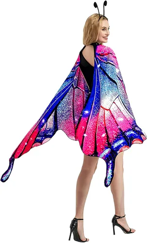 Vista 4 de Disfraz de mariposa de Halloween para mujeres y niñas, tamaño grande, alas de mariposa reversibles de doble cara para adultos y niños