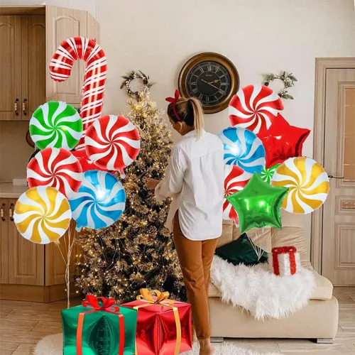 Vista 7 de 28 globos de papel de aluminio de Navidad de bastón de caramelo con cintas, globos de Mylar para decoración de fiestas