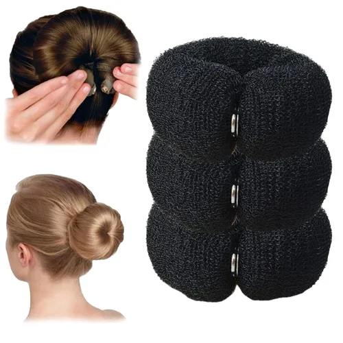 Vista 8 de 3 piezas de herramientas de peinado de cabello para mujer: moldeador de anillo de espuma para el cabello, accesorio de moño para el cabello, anillo