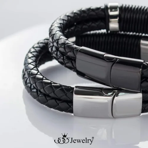 Vista 5 de 555Jewelry Pulsera de bloqueo de diapositivas de cuero trenzado doble de acero inoxidable