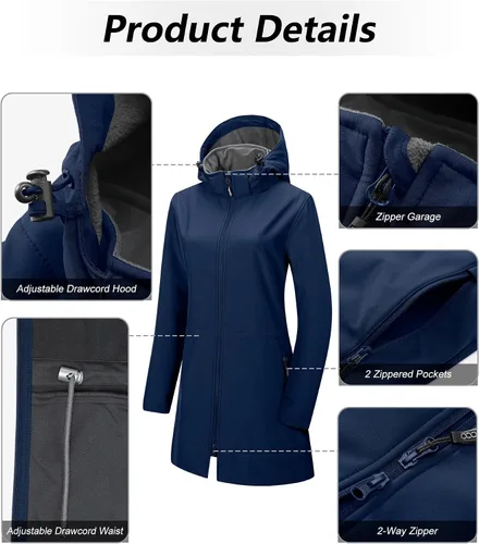 Vista 3 de 33,000ft Chaqueta de Lluvia Impermeable para Mujer de Softshell Largo con Capucha y Forro de Forro Polar, Cortavientos
