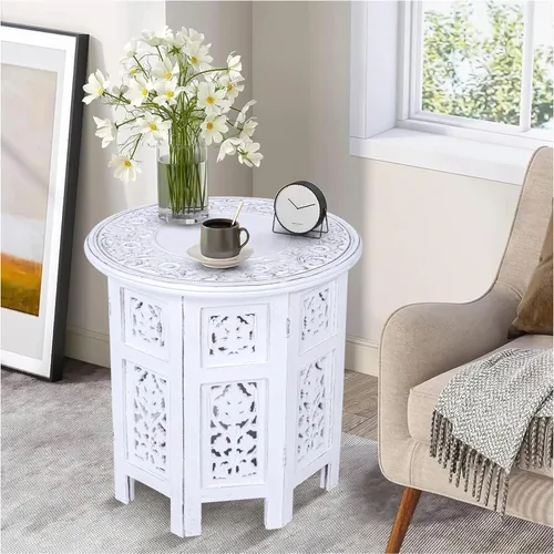 Vista 15 de Mesa auxiliar de madera de mango tallada a mano – Mesa auxiliar redonda de pedestal de 18 x 22 pulgadas para sala de estar, mesita de noche