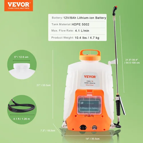 Vista 7 de VEVOR Pulverizador de mochila alimentado por batería, presión ajustable de 0-90 PSI, tanque de 4 galones, rociador de mochila con 8 boquillas y 2