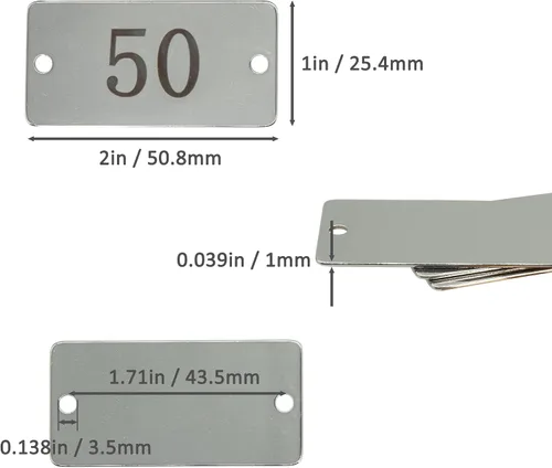 Vista 2 de Etiquetas numeradas rectangulares de acero inoxidable con dos agujeros de 1 pulgada x 2 pulgadas (26-50)