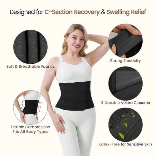 Vista 5 de Trendyline Banda para el vientre posparto para recuperación de cesárea, faja abdominal poscirugía con bolsillo frío caliente para aliviar el dolor