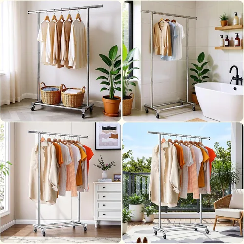 Vista 7 de TigerParty Perchero para colgar ropa, perchero de ropa resistente de acero inoxidable, perchero rodante extensible y ajustable con ruedas