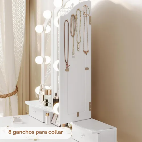 Vista 3 de Tiptiper Juego de mesa de tocador con espejo plegable triple iluminado, tocador de maquillaje con luces y 3 modos de iluminación