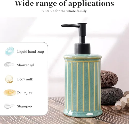 Vista 4 de Dispensador de jabón, dispensador de jabón líquido de cerámica 11.84OZ, dispensador de loción de manos para cocina, baño, ducha, recargable, verde