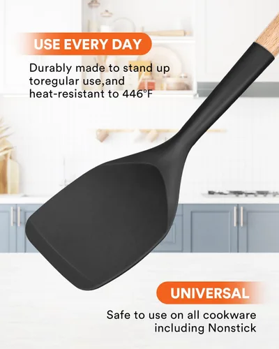 Vista 4 de Badiano Espátula de silicona, borde flexible sin arañazos para sartenes, 13.2 pulgadas Espátulas de cocina de grado alimenticio, mango de madera