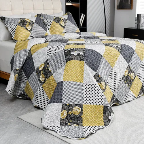 Vista 20 de Cmfshape - Juego de cama con edredón acolchado floral de verano tamaño king, juego de colcha rosa romántico, cubrecama reversible cosido para todas