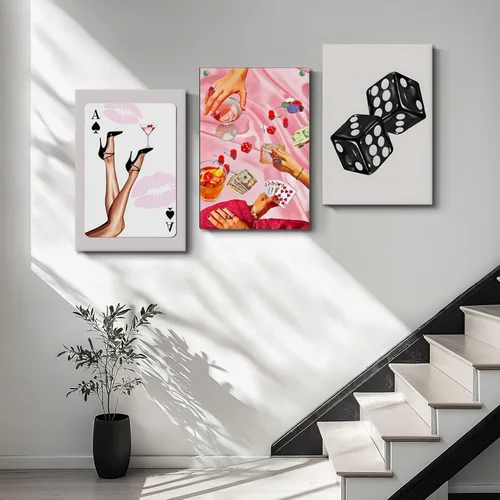 Vista 8 de Juego de 3 arte de pared de dados de póker enmarcados en blanco y negro, impresiones en lienzo estéticas retro Y2K, fotos de póster rosa de moda