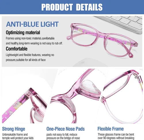 Vista 8 de DUCO Lentes de luz azul para niños, niñas, niños, videojuegos, computadora, TV, teléfono, anteojos falsos para niños de 6 a 10 años, anti luz azul