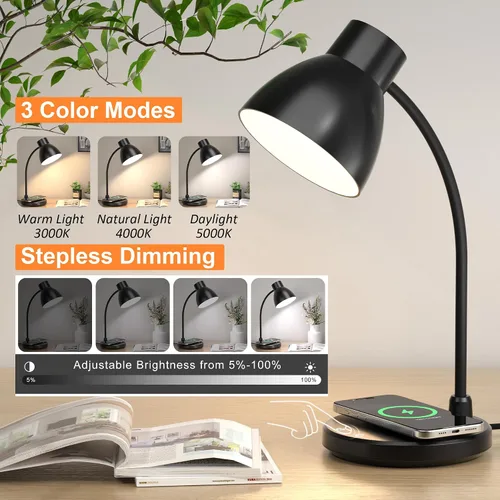 Vista 3 de Lámpara LED de escritorio para oficina en casa con cargador Negro