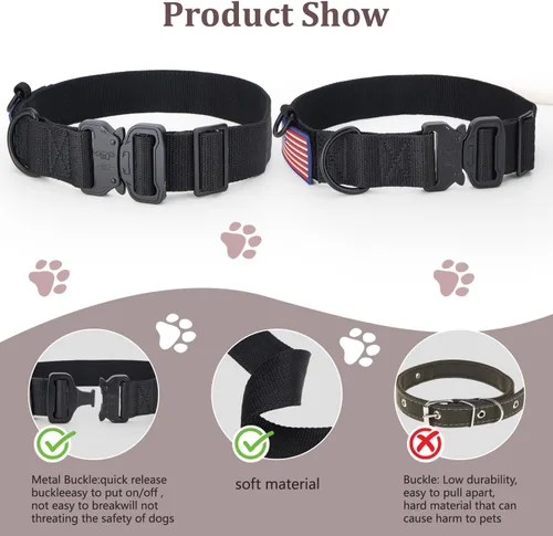 Vista 4 de Collar Táctico de Servicio Pesado para Perro Ajustable de Nailon para Mascotas Hebilla de Liberación Rápida con 2 Anillos en D con Parche para Negro