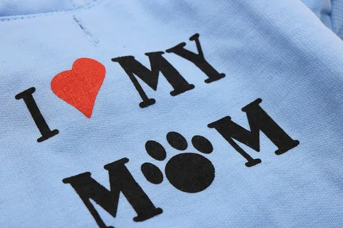 Vista 3 de Camiseta para mascotas con texto en inglés "I Love My Mom", para perros pequeños, XS, azul
