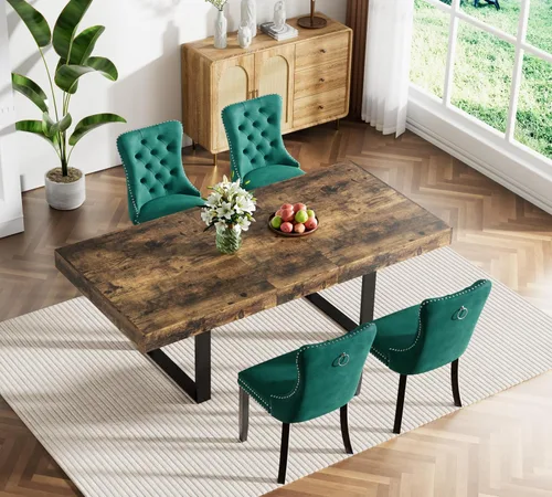 Vista 13 de Juego de mesa de comedor extensible marrón de 63 a 78.74 pulgadas para 4, juego de mesa de comedor de 5 piezas con 4 sillas tapizadas, mesa
